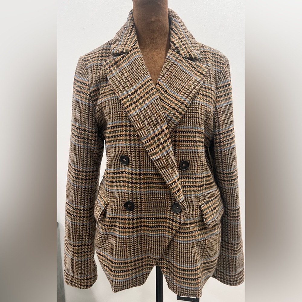 7 For All Mankind Brown Plaid Double-Breasted Blazer